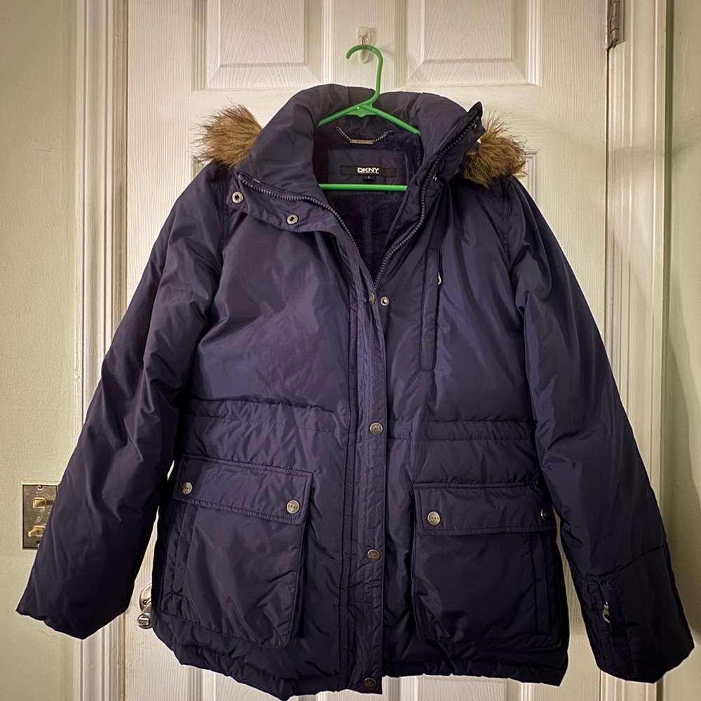 DKNY Blue Puffer Jacket with Faux Fur Hood